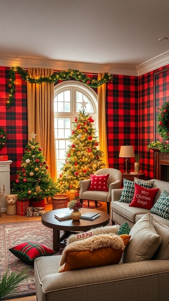 Christmas Wallpaper Aesthetic 2025 Living room with Christmas wallpaper featuring plaid pattern, decorated tree, and festive decor.
